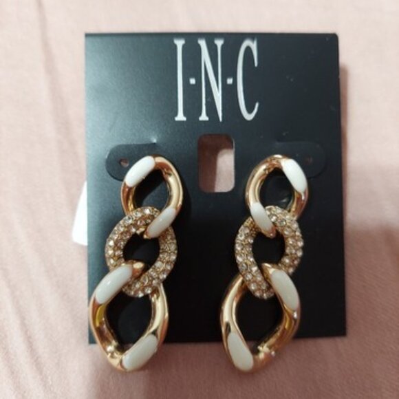 NWT INC International Concepts Chain Link Style Gold Tone, White, and CZ Earring - Picture 1 of 1